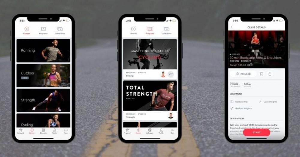 Three smartphones display a fitness app with different screens. The first phone shows categories like Running, Outdoor, Strength, and Cycling. The second phone showcases a program named "Total Strength." The third phone details a 30-minute Bootcamp workout, highlighting it as one of the best running apps available.