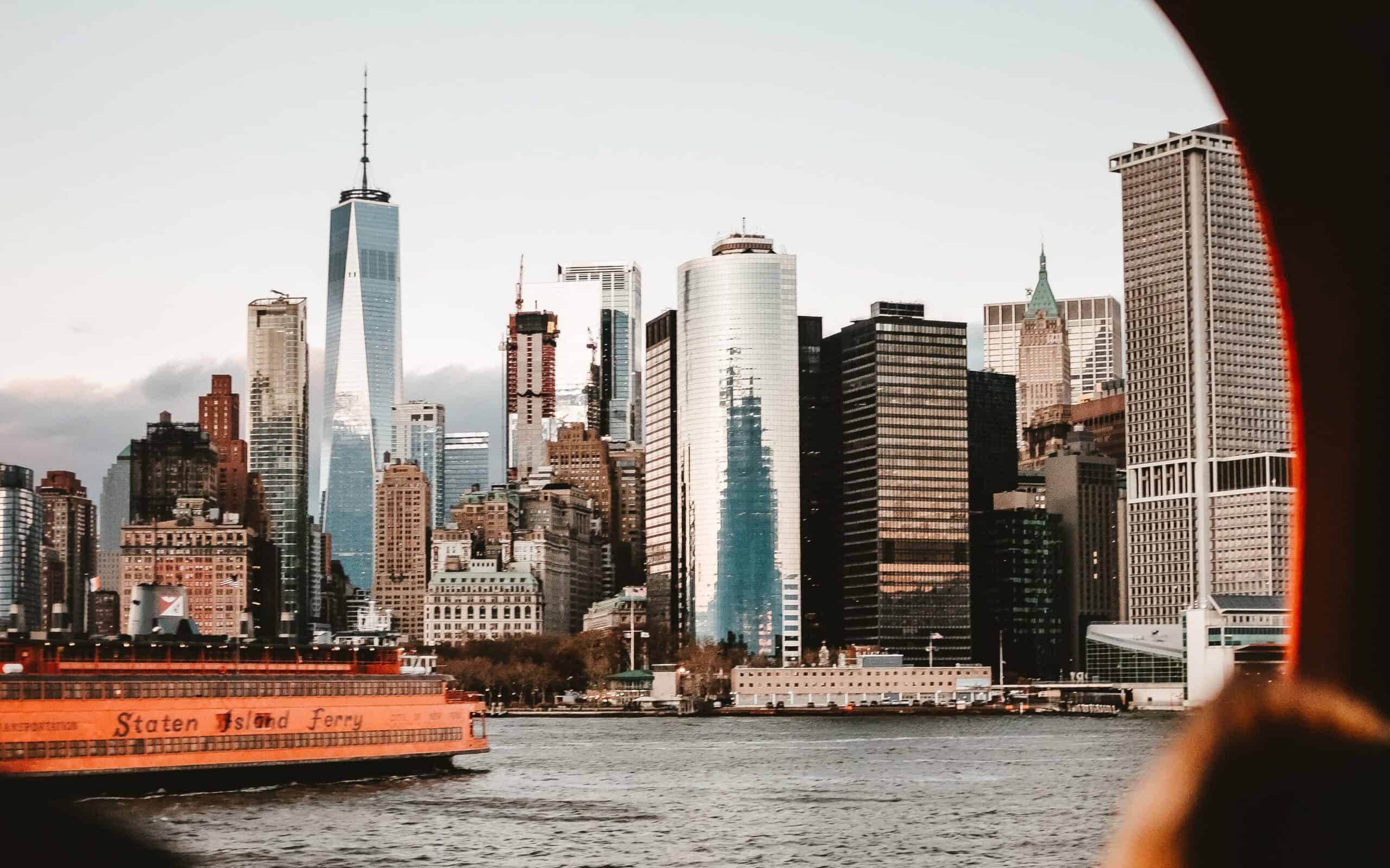 The Staten Island Ferry on the East Side River overlooking Manhattan.