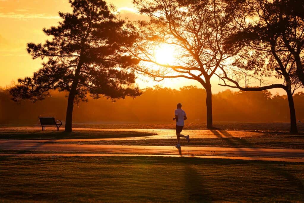 Man running in the morning at sunrise in a park